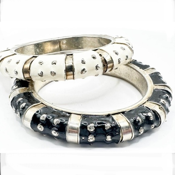 TWO VINTAGE CUFF BRACELETS BLACK / WHITE WITH RHINESTONES - Picture 1 of 1